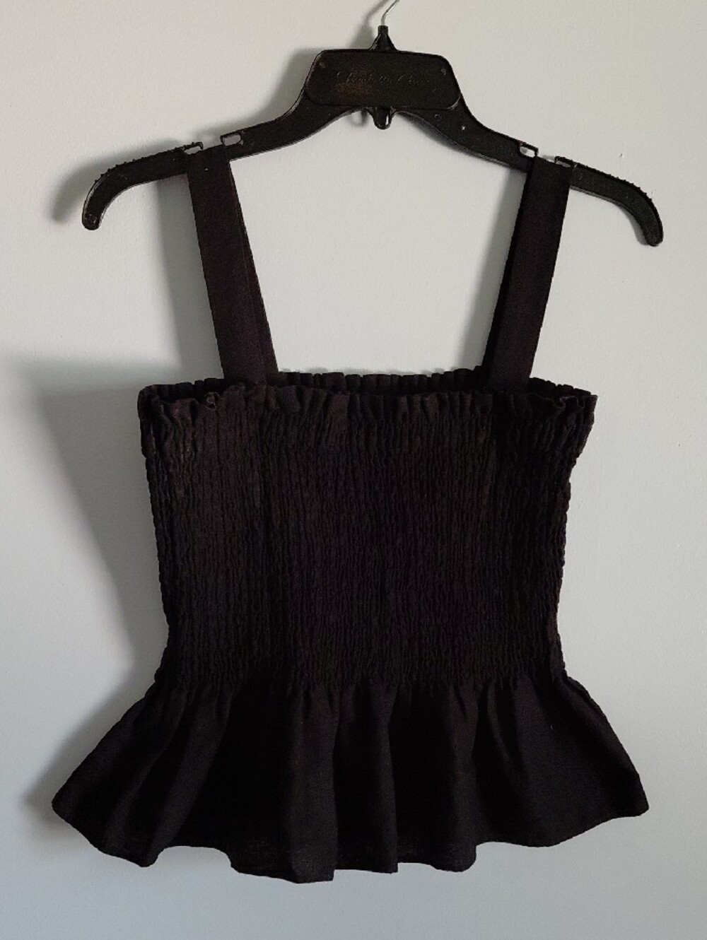 Socialite Linen Cotton Black Smocked Bodice Peplum Camisole Tank Top Medium